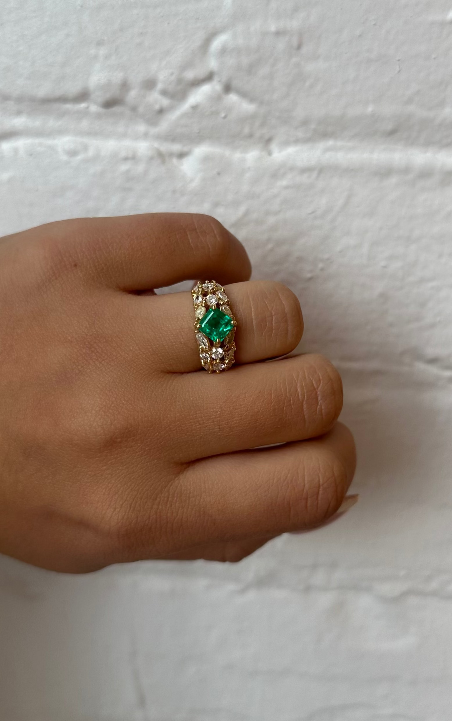 Emerald with Marquise and Round Diamond Ring