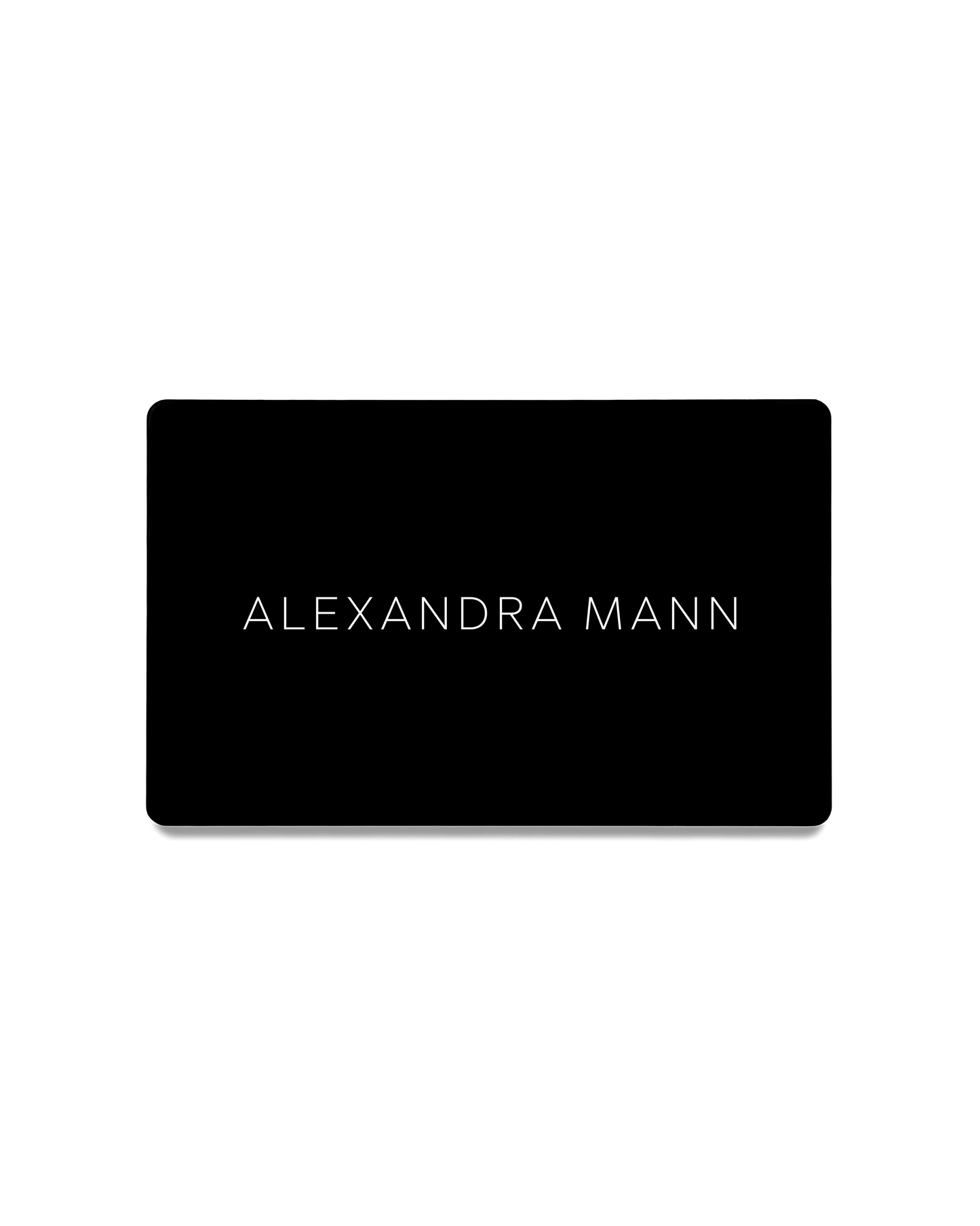 Black card with 'ALEXANDRA MANN' text on a white background