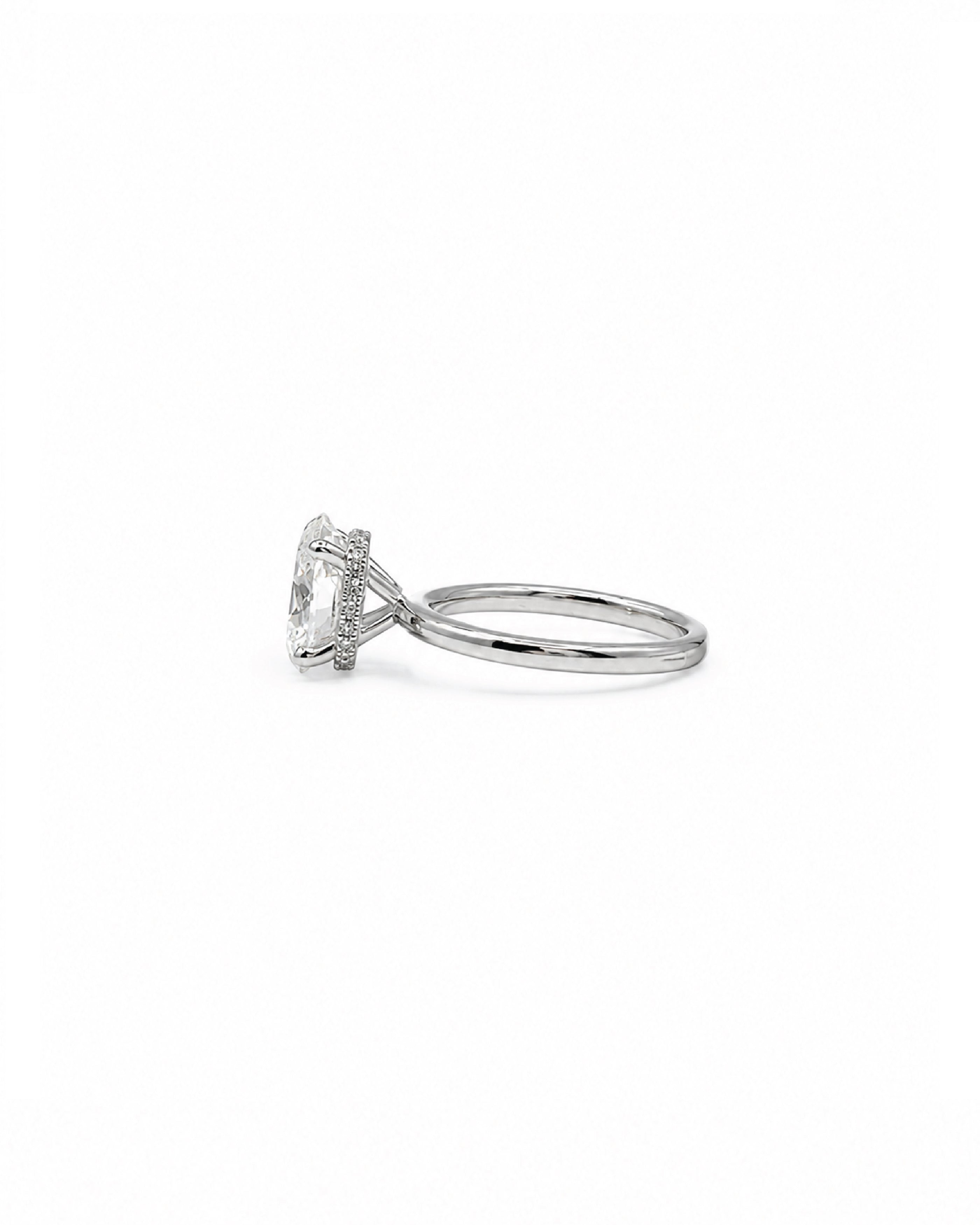 Side profile of a white gold and diamond engagement ring with a hidden halo on a white background 