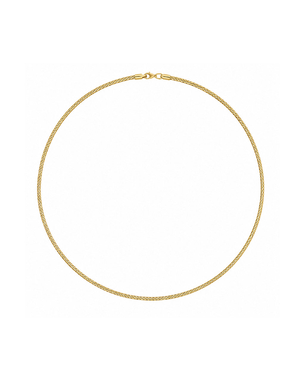 A delicate gold chain necklace with a small lobster clasp, displayed in a circular shape against a plain white background.