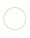 A delicate gold chain necklace with a small lobster clasp, displayed in a circular shape against a plain white background.