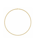 A delicate gold chain necklace with a small lobster clasp, displayed in a circular shape against a plain white background.