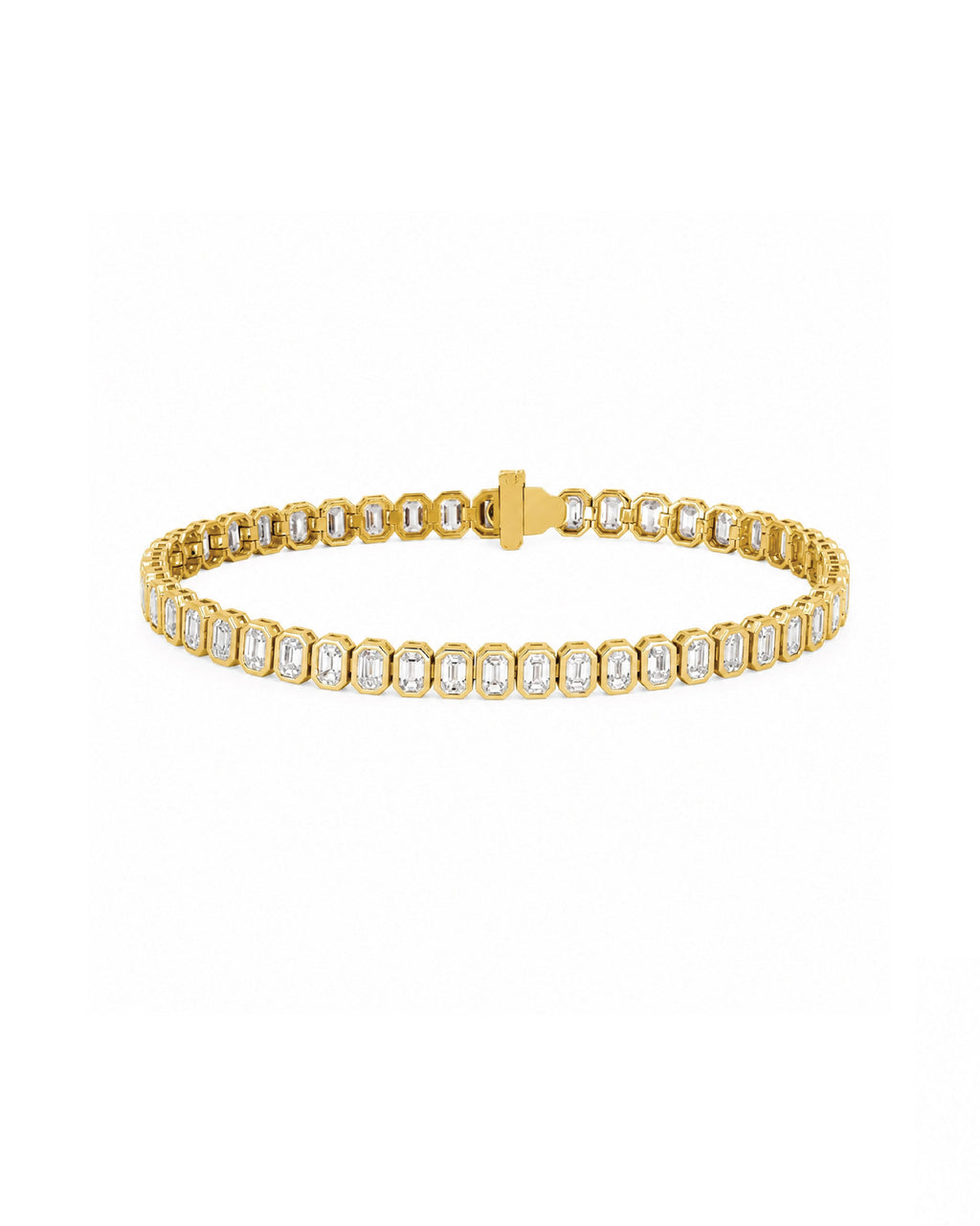 14k gold emerald-cut diamond bezel tennis bracelet, lab-grown