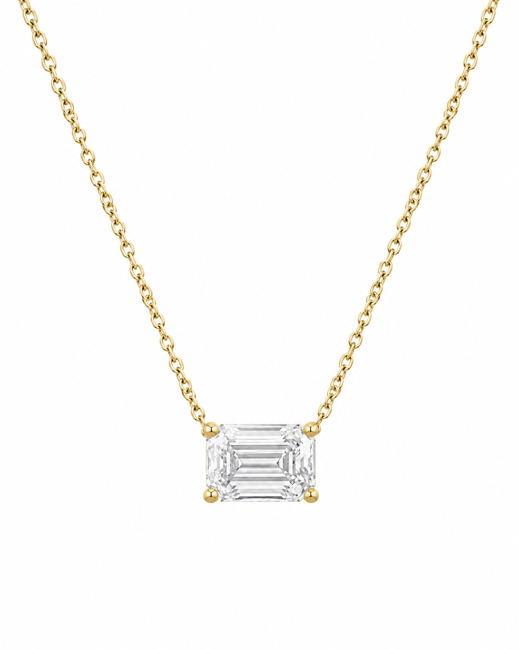 14k gold emerald-cut diamond solitaire necklace, four-prong setting