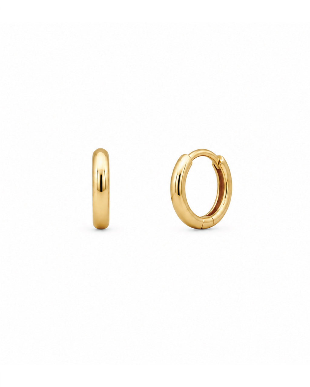 14k gold huggie hoop earrings, mini and regular sizes