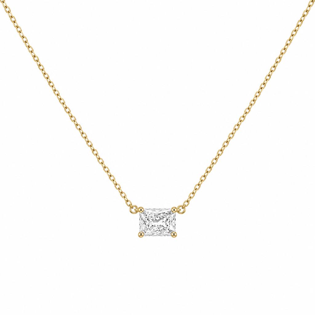 14k gold natural radiant-cut diamond solitaire necklace, east-west setting