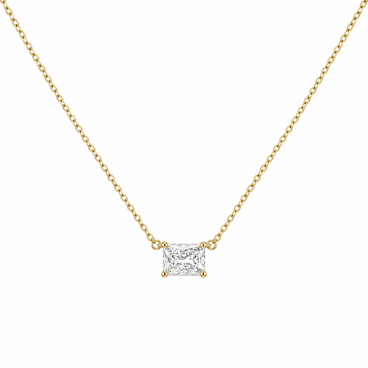 14k gold natural radiant-cut diamond solitaire necklace, east-west setting