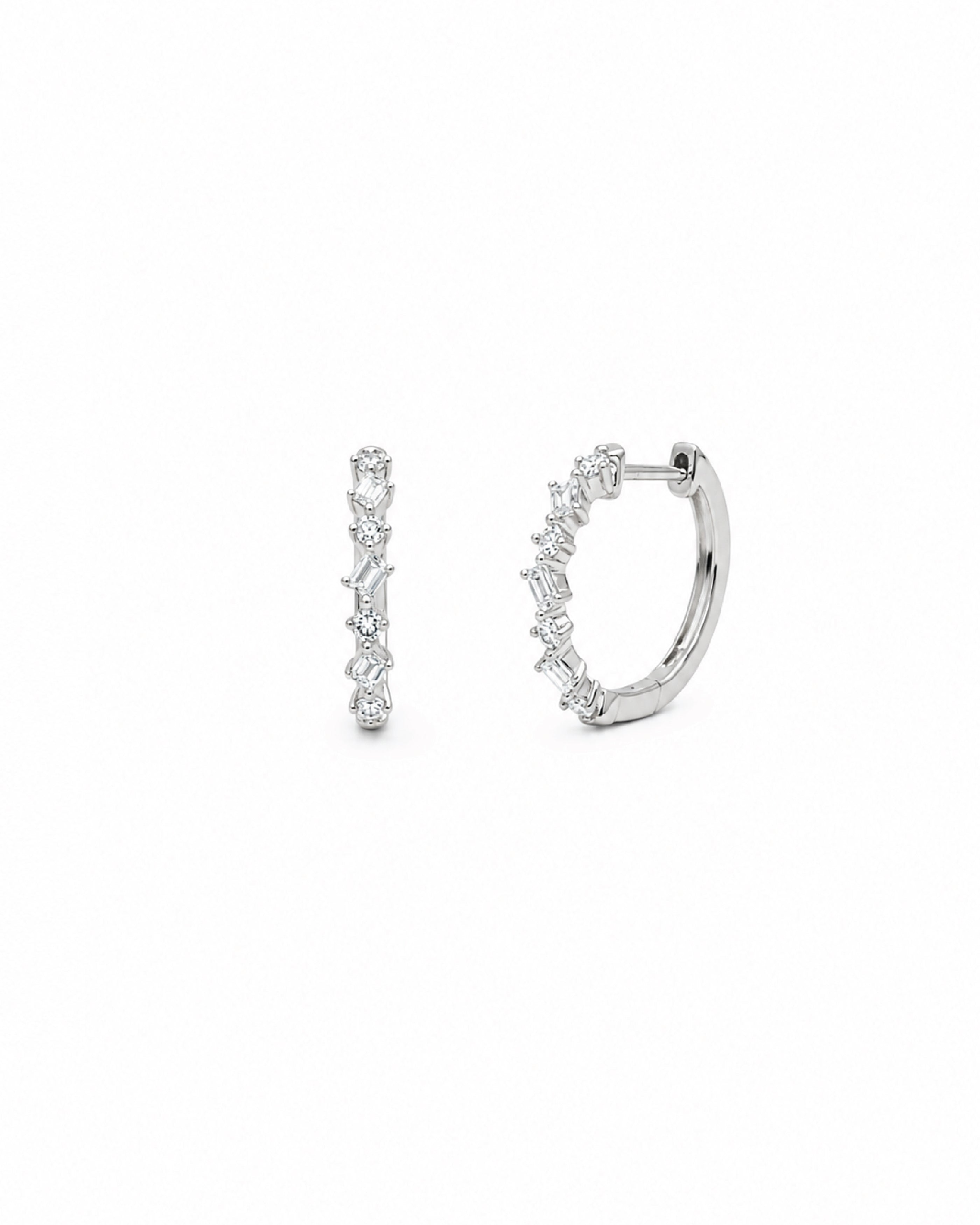 14k white gold baguette and round diamond huggie earrings