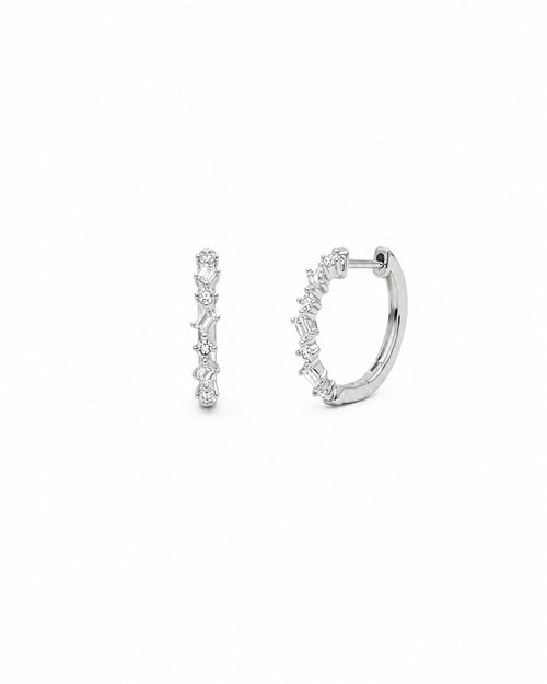 14k white gold baguette and round diamond huggie earrings