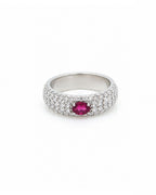 14k white gold oval ruby and diamond pavé ring