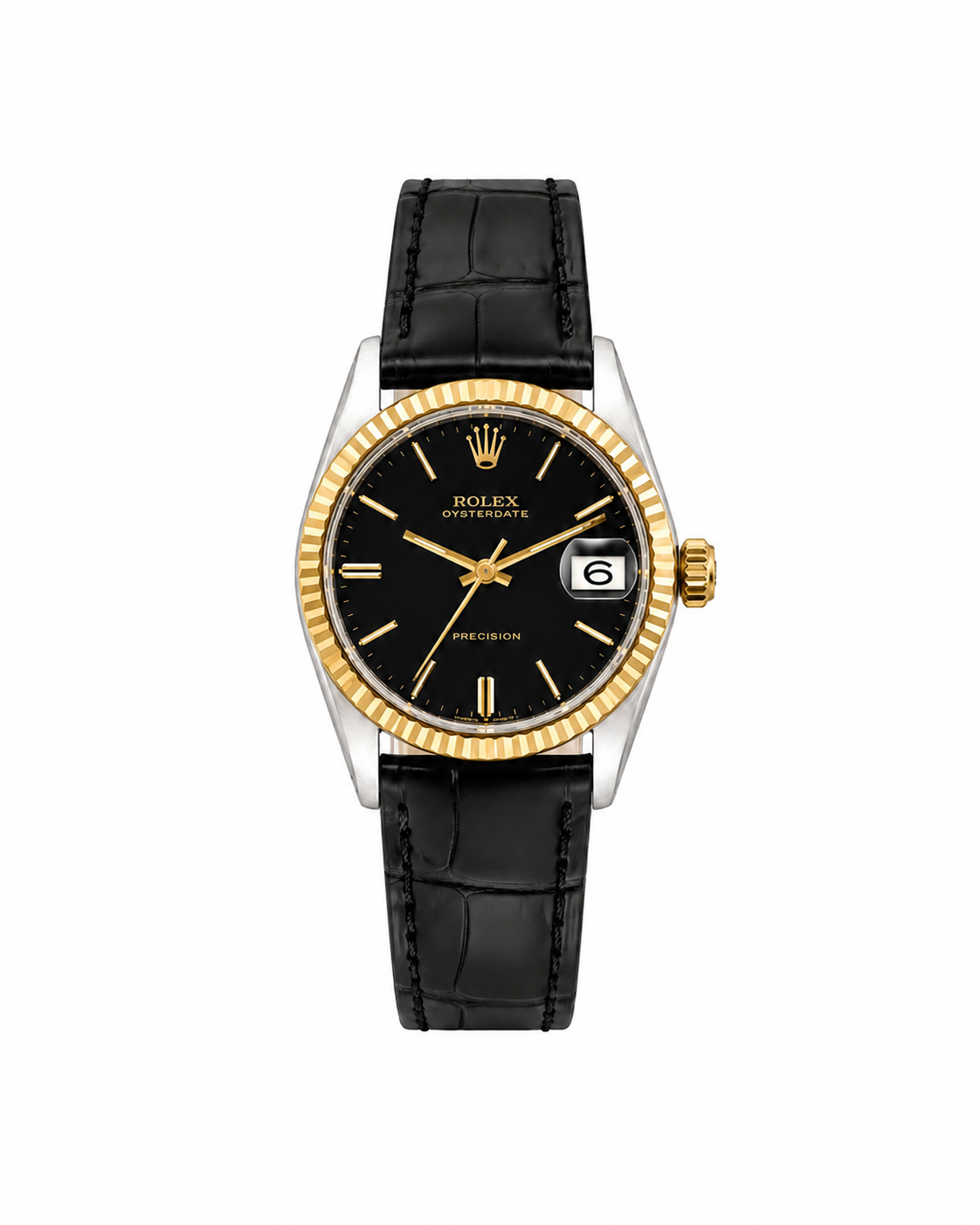 1971 Rolex Oysterdate 31mm two-tone watch, black dial, leather strap