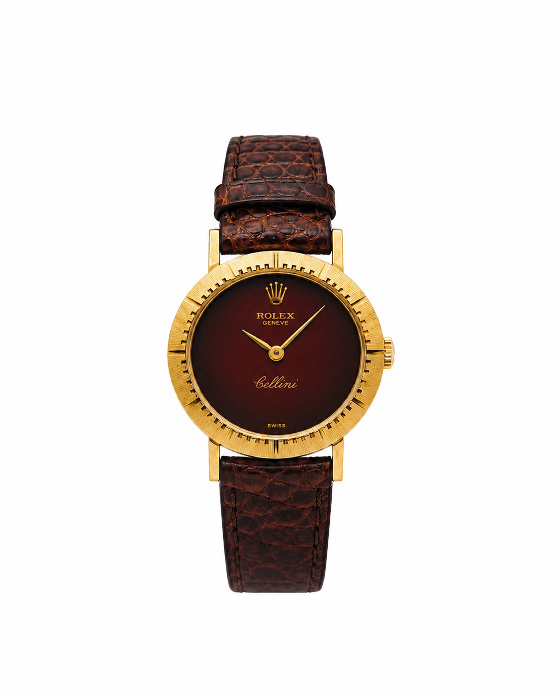 1986 Rolex Cellini 18k gold watch, burgundy dial, leather strap