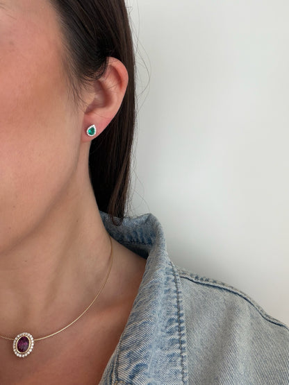 Pear Diamond Halo Emerald Studs