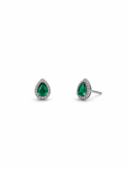Pear Diamond Halo Emerald Studs