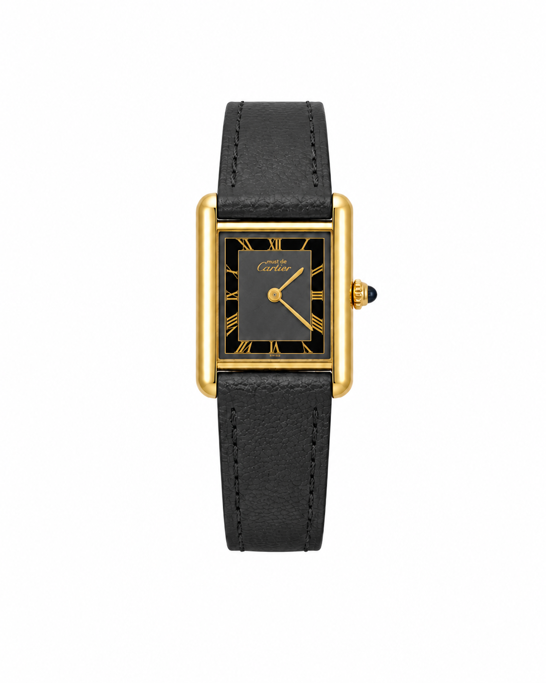 Cartier Must de Cartier watch, gold-tone case, black leather strap