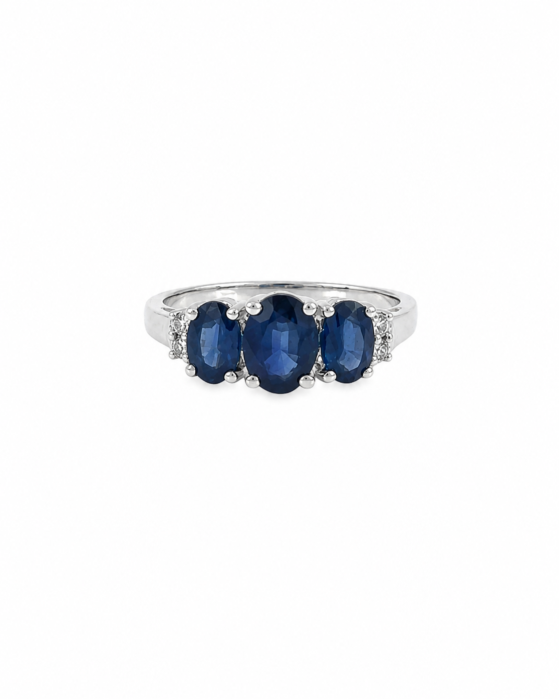 Vintage Three Stone Blue Sapphire Ring in 14K White Gold by Alexandra Mann Jewelry