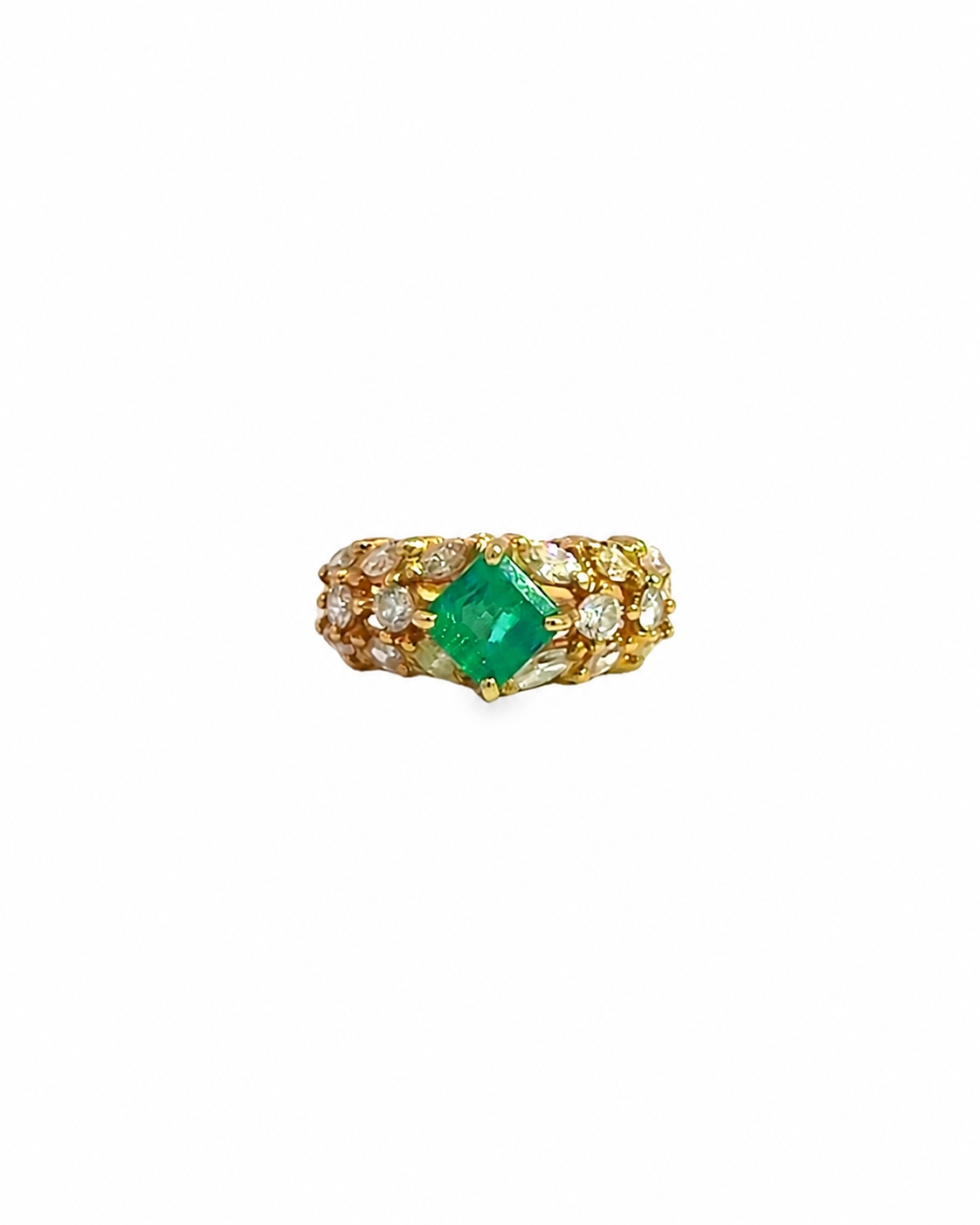 Emerald with Marquise and Round Diamond Ring in 18K Yellow Gold by Alexandra Mann Jewelry