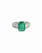 Vintage Emerald and Baguette Ring in 18K White Gold by Alexandra Mann Jewelry