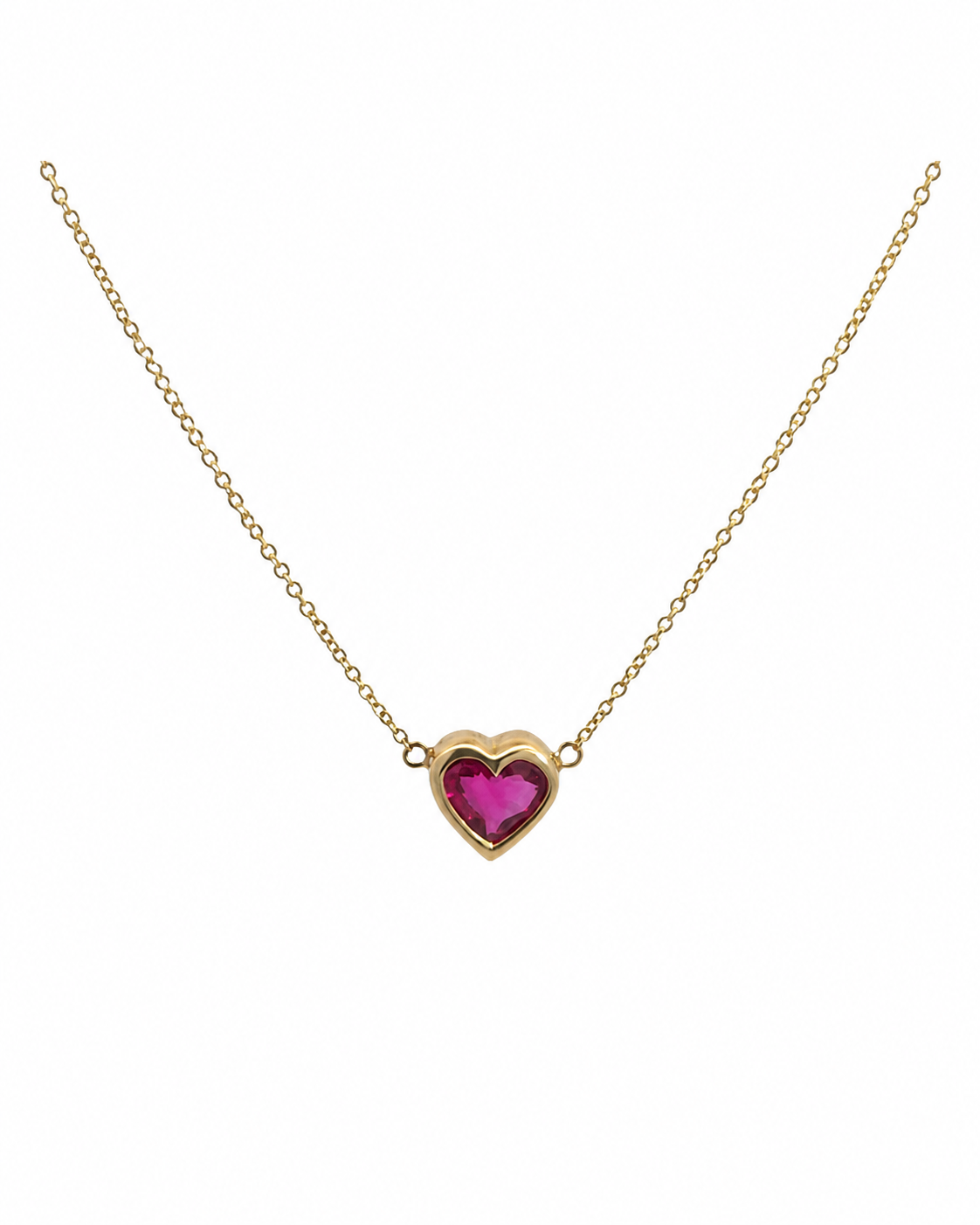 Ruby Bezel Heart Necklace in 14K Yellow Gold by Alexandra Mann Jewelry