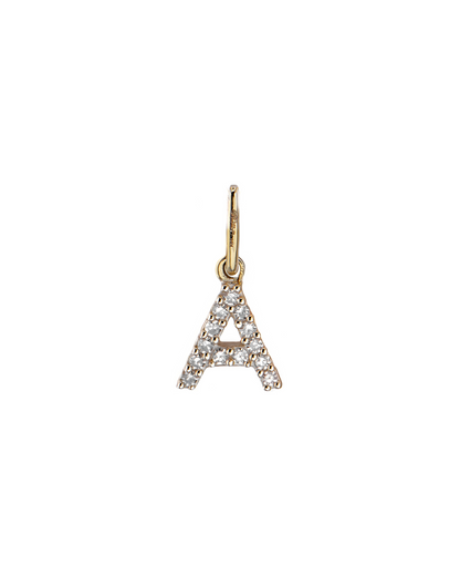 Gold and diamond letter 'A' pendant on a white background