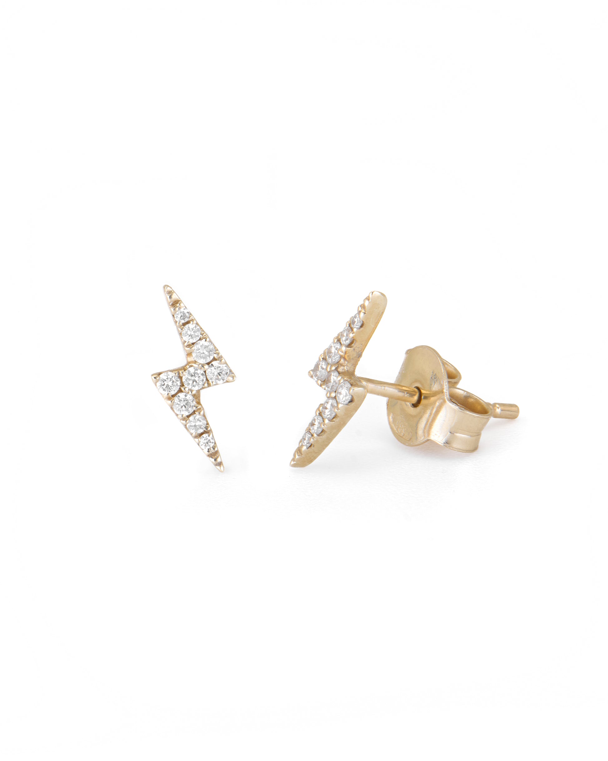 Gold earrings with diamond accents on a white background