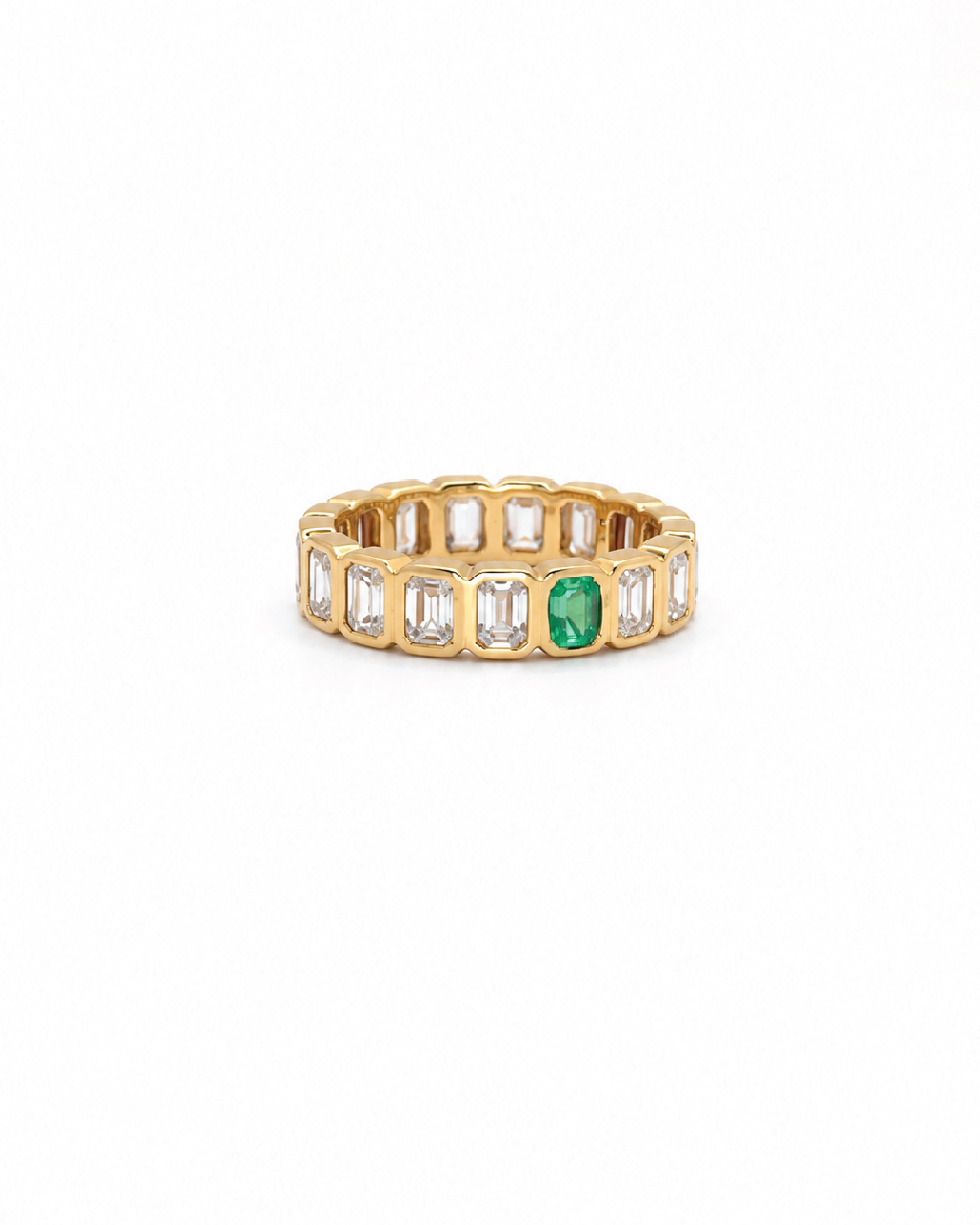 Emerald bezel eternity band, yellow gold, birthstone option
