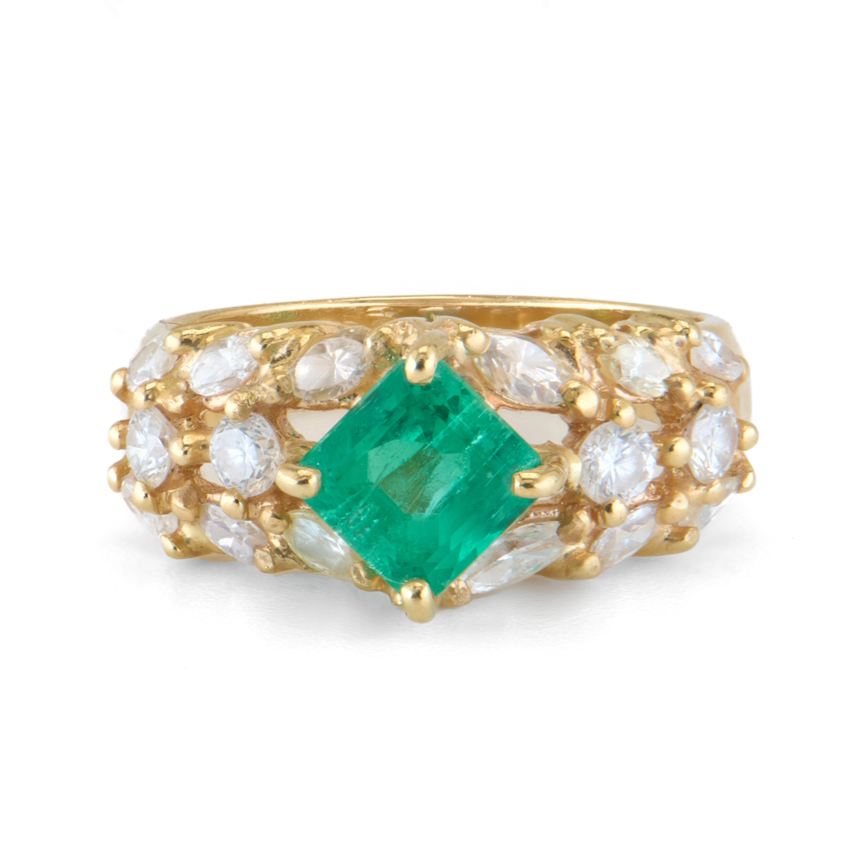 Emerald with Marquise and Round Diamond Ring