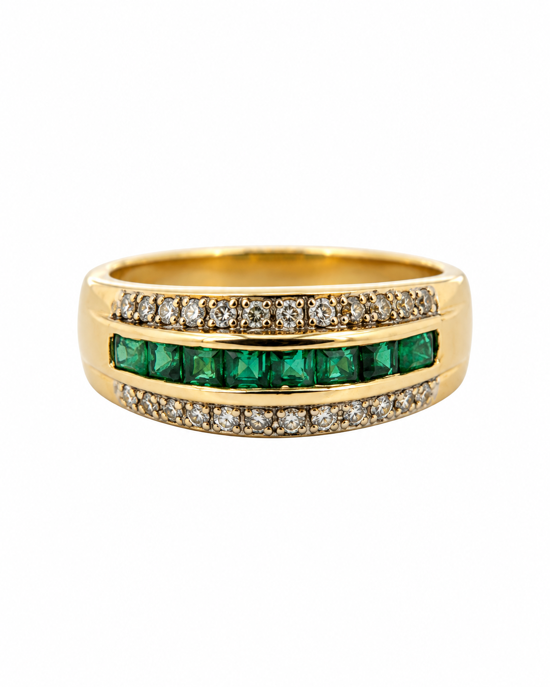 Vintage emerald and diamond three row channel ring in 14K yellow gold by Alexandra Mann Jewelry