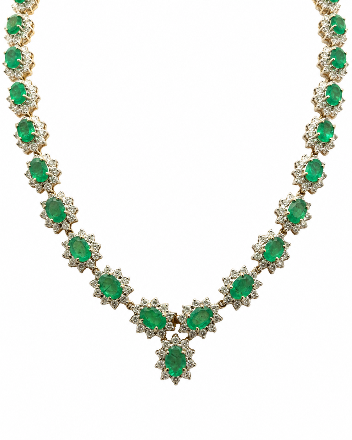 Vintage oval emerald and diamond halo necklace by Alexandra Mann Jewelry