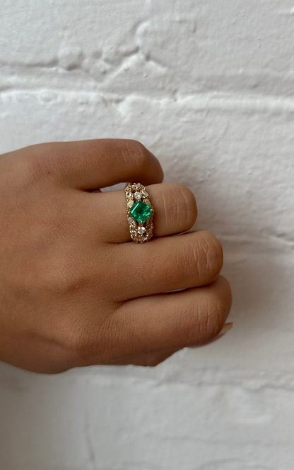 Emerald with Marquise and Round Diamond Ring