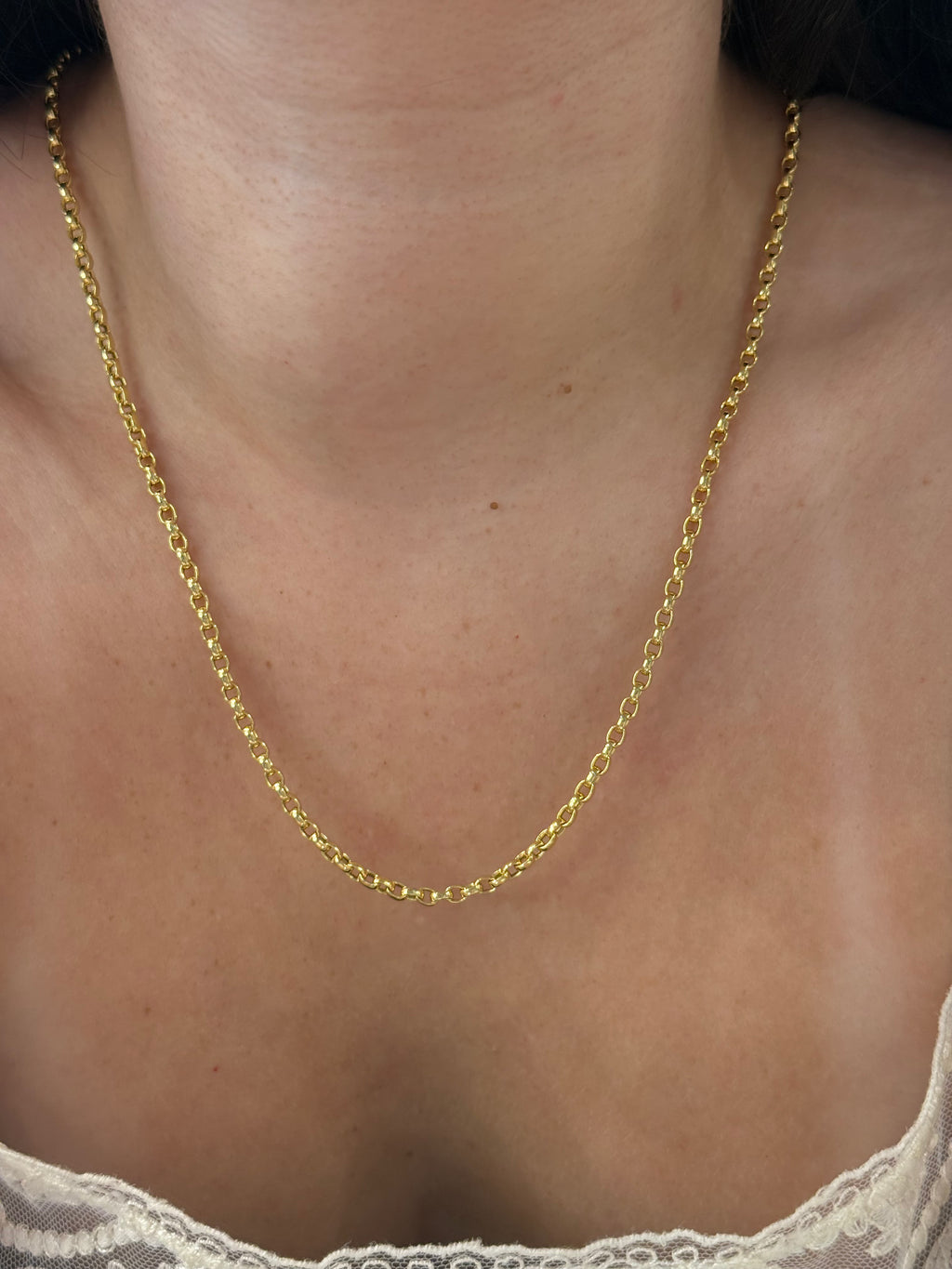 Oval rolo chain necklace worn on model, close-up