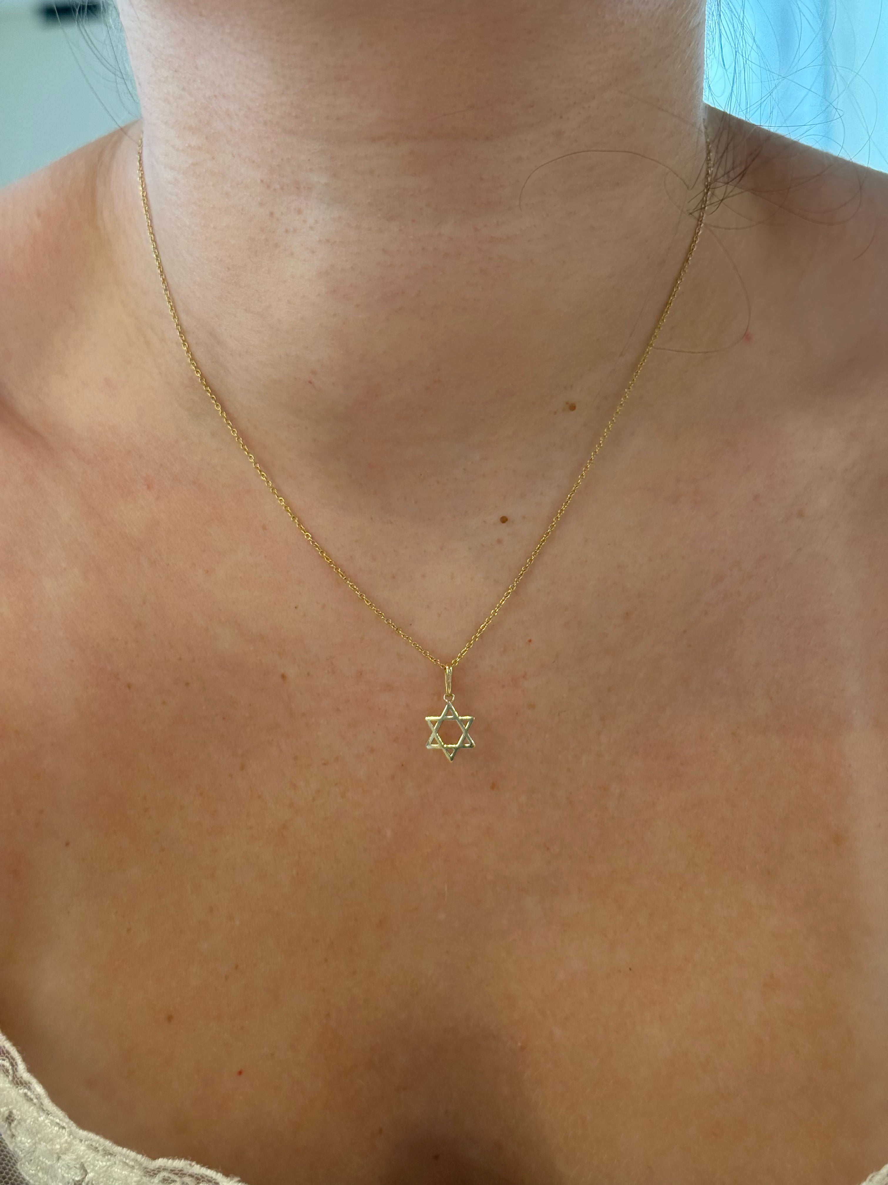 Star of David pendant worn on model, close-up