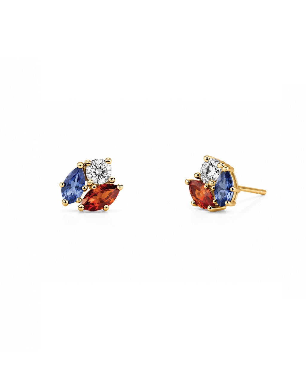 A pair of gold stud earrings featuring marquise-cut blue and orange-red gemstones with a small round diamond center stone, shown on a plain white background.