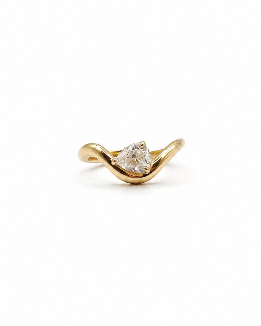 14k gold pear diamond dip ring, sculptural curved band