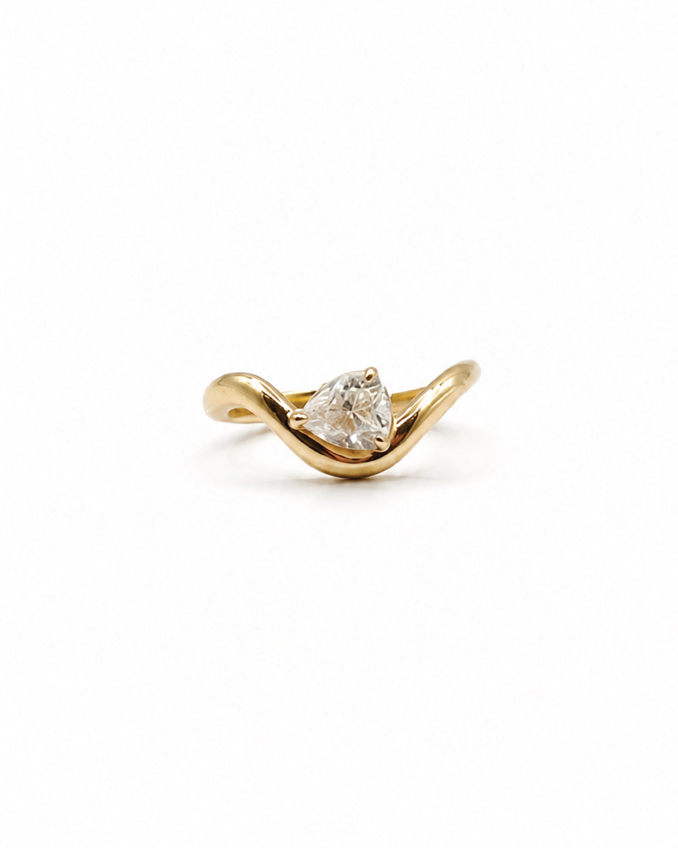 14k gold pear diamond dip ring, sculptural curved band