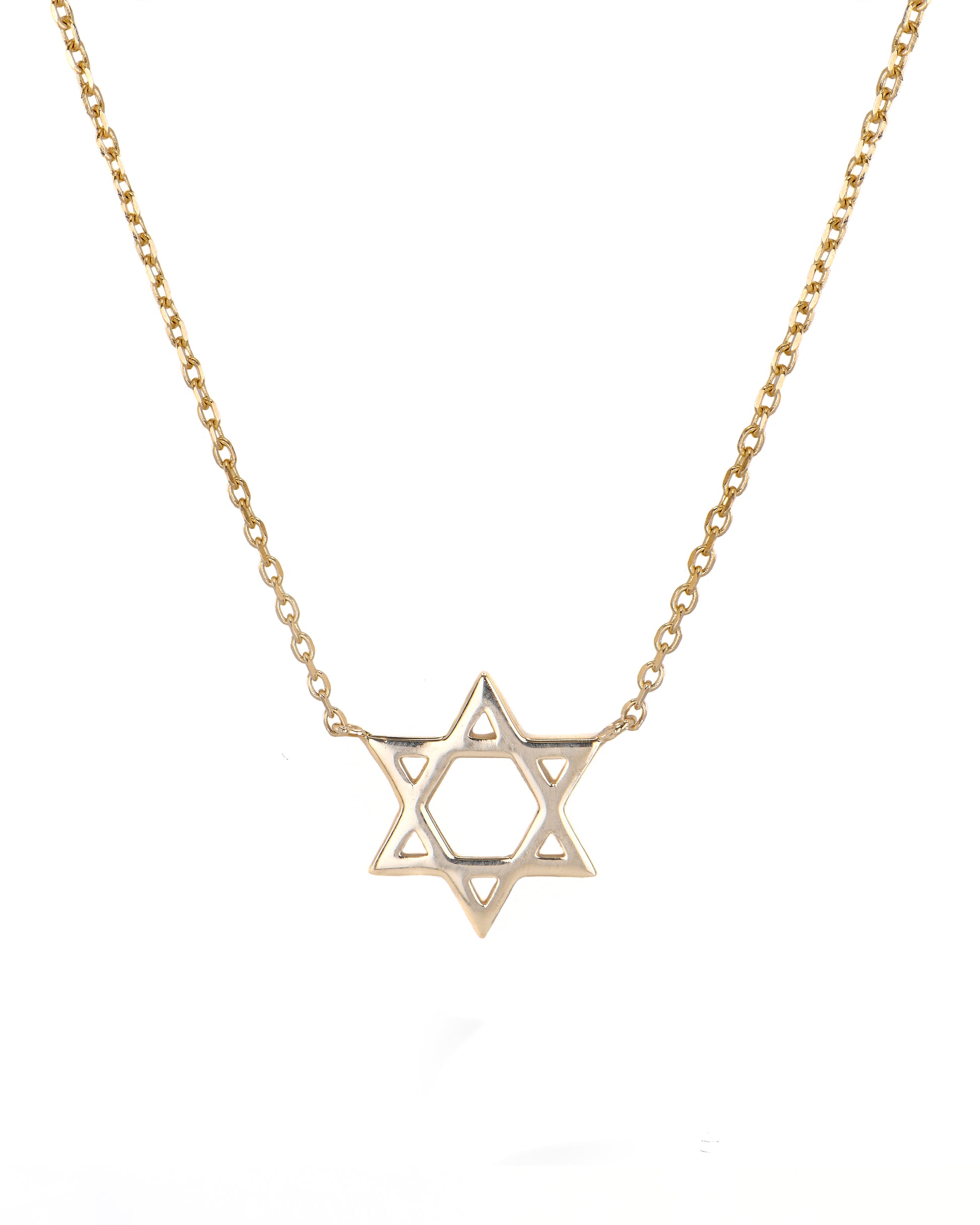Gold necklace with a Star of David pendant on a white background