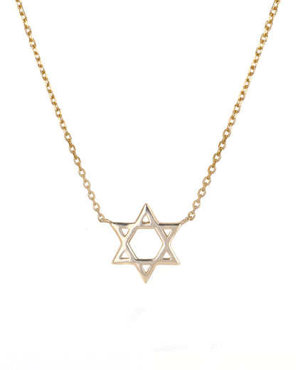 Gold necklace with a Star of David pendant on a white background