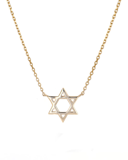 Gold necklace with a Star of David pendant on a white background