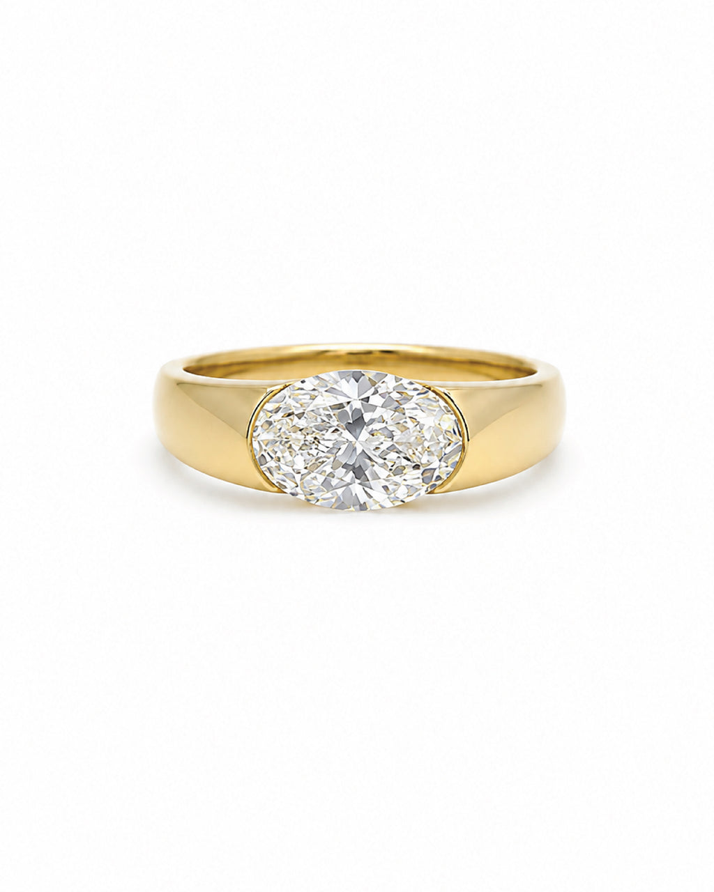 East-west oval diamond engagement ring, wide gold band