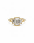 Three stone diamond engagement ring, emerald-cut center stone