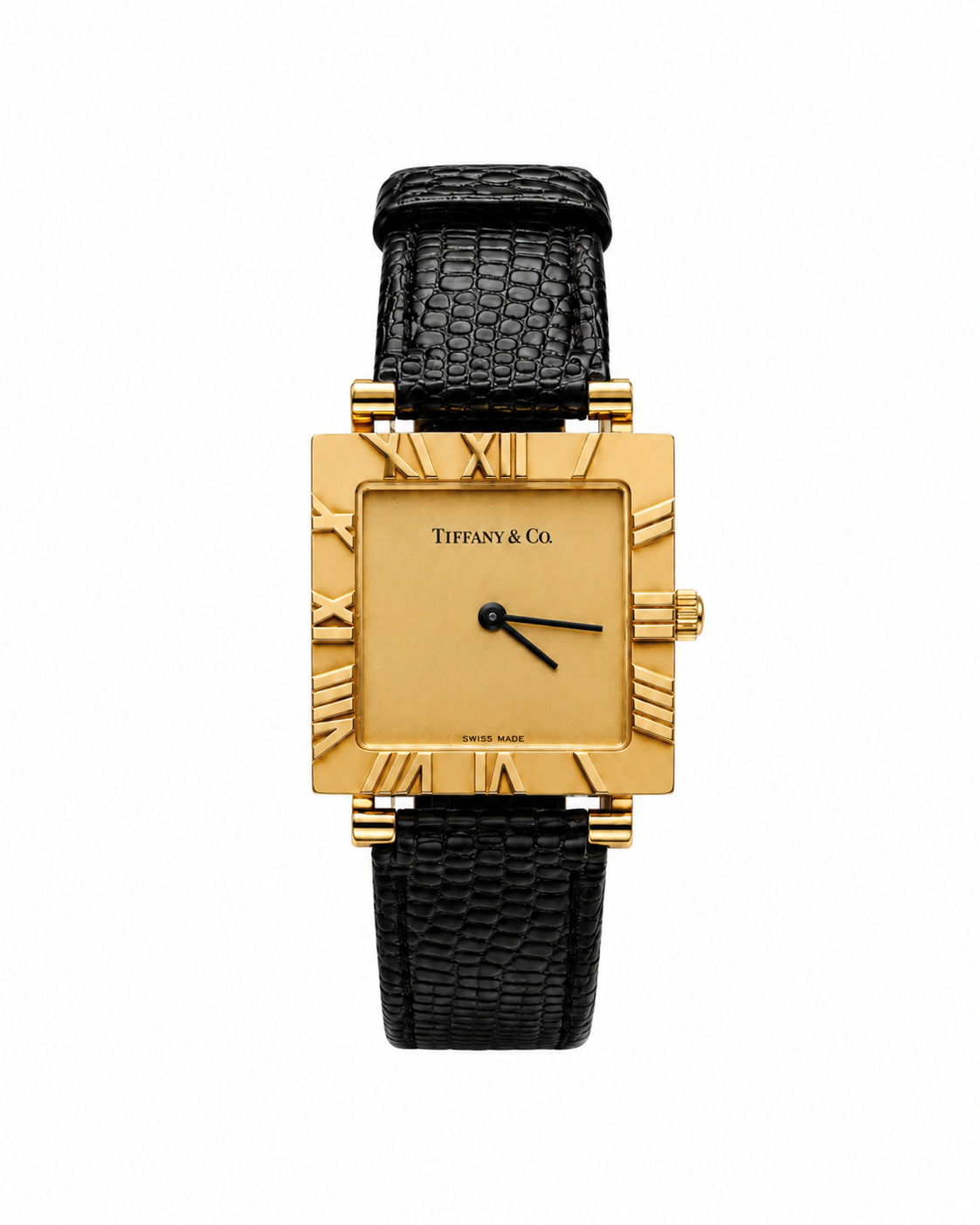 Tiffany & Co Atlas 18k gold watch, Roman numeral bezel, black strap