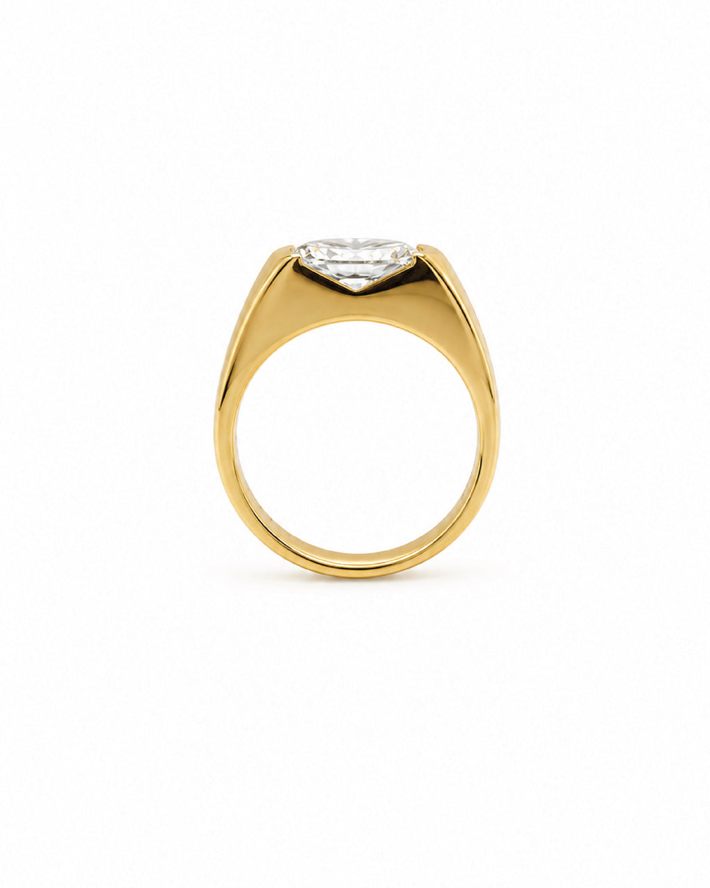 East-west oval diamond engagement ring, wide gold band