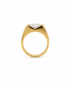 East-west oval diamond engagement ring, wide gold band