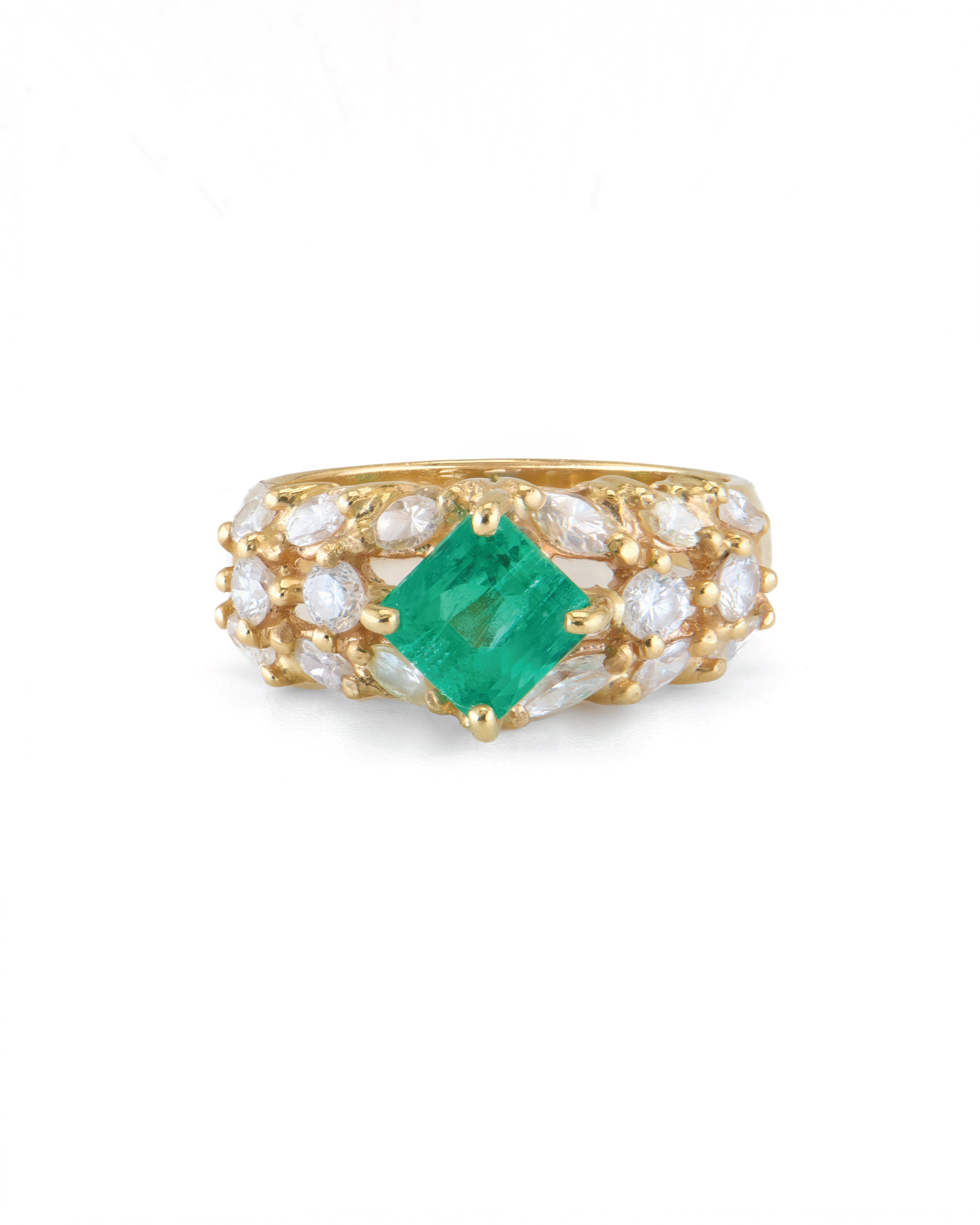 Emerald with Marquise and Round Diamond Ring
