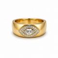 Gold ring with a marquise diamond on a white background