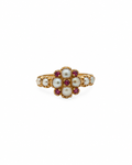 Vintage pearl and ruby flower ring in 14K yellow gold by Alexandra Mann Jewelry