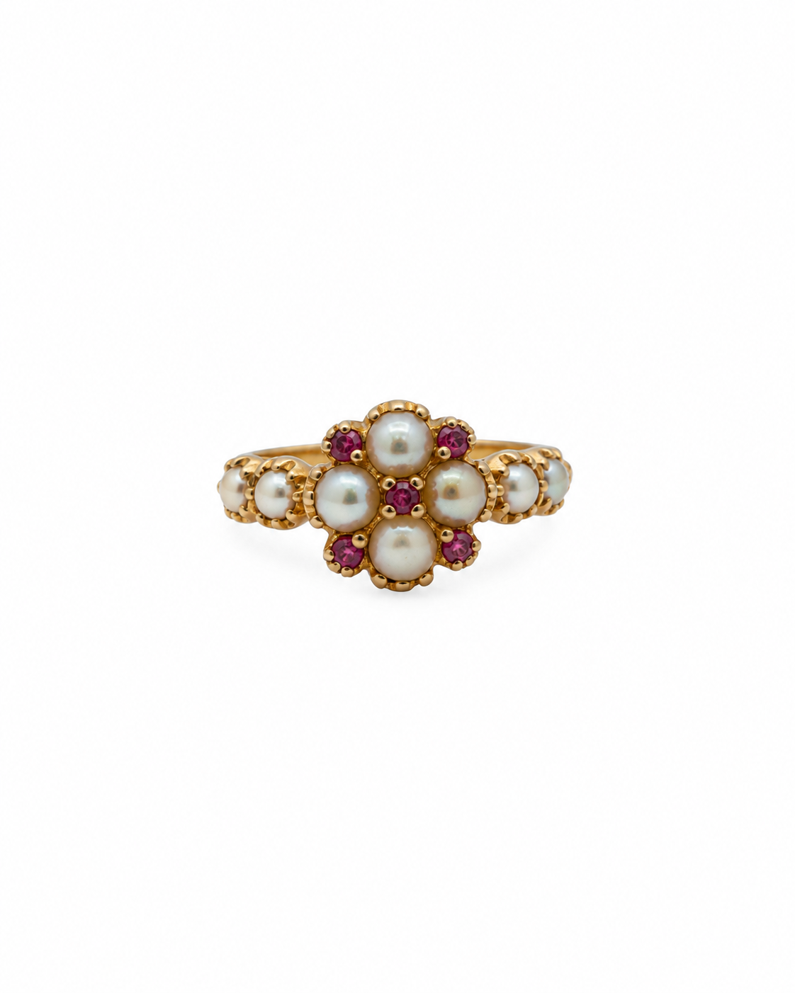 Vintage pearl and ruby flower ring in 14K yellow gold by Alexandra Mann Jewelry