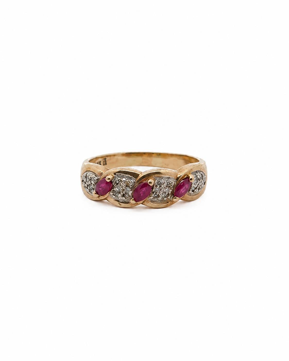 Vintage marquise ruby and diamond wave ring in 14K yellow gold by Alexandra Mann Jewelry