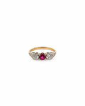 Vintage three stone ruby and diamond ring in 14K yellow gold by Alexandra Mann Jewelry