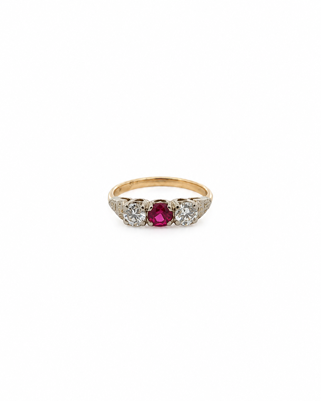 Vintage three stone ruby and diamond ring in 14K yellow gold by Alexandra Mann Jewelry